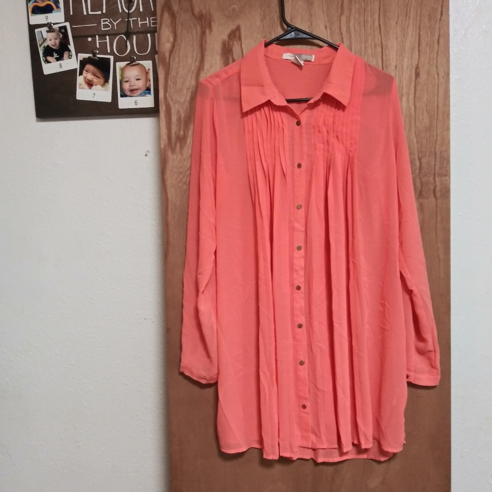 Sheer Long Sleeve Blouse by Love 21/Forever 21 - Large/Pre-owned - Coral/Salmon
